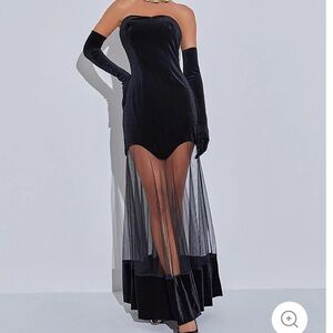 Mew Mews Fashion Strapless velvet mesh black maxi dress